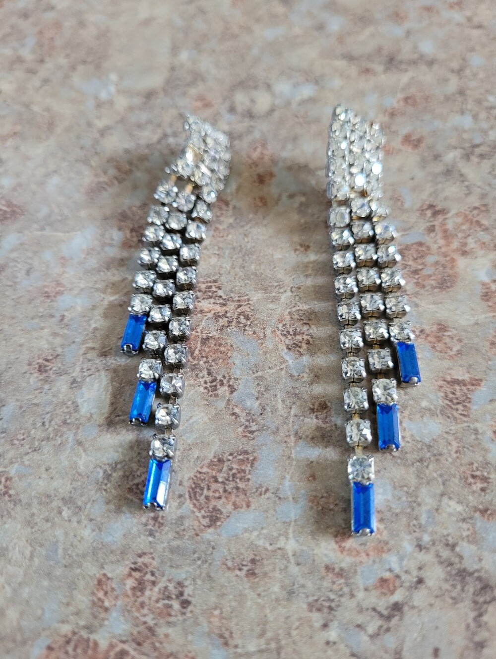 Vintage Silver-Tone Crystal Drop Stud Earrings with Blue Accent